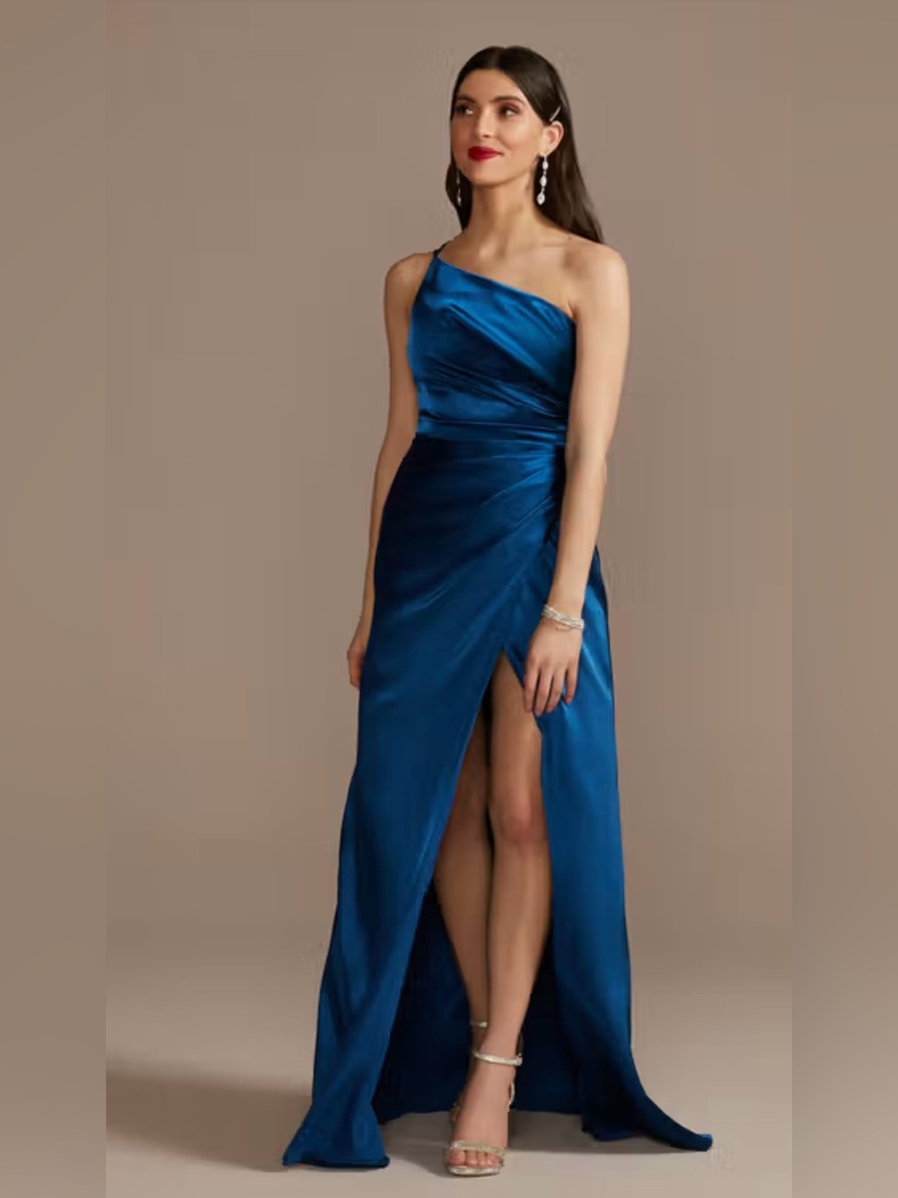 One-Shoulder Satin Evening Gown in Royal Blue